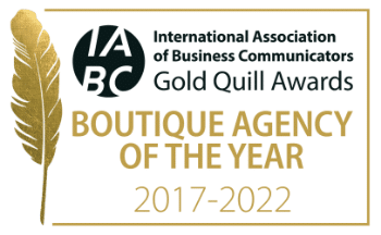 A Gold Quill with the IABC Logo and Excellence winner