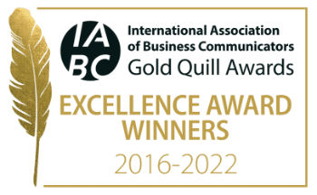 A Gold Quill with the IABC Logo and Excellence winner