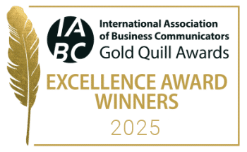 A Gold Quill with the IABC Logo and Excellence winner